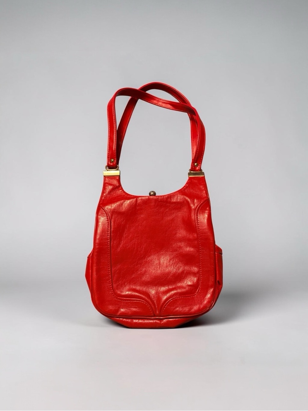 Vintage Red Genuine Leather Kiss Lock Shoulder Bag Retro Handbag Purse